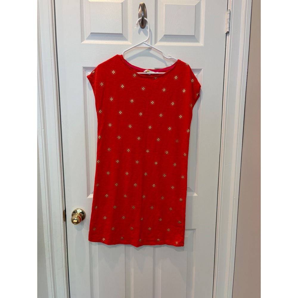 Boden Red Gold Foil Floral Sunburst Cotton Slub T-Shirt Shift Dress Womens 2R